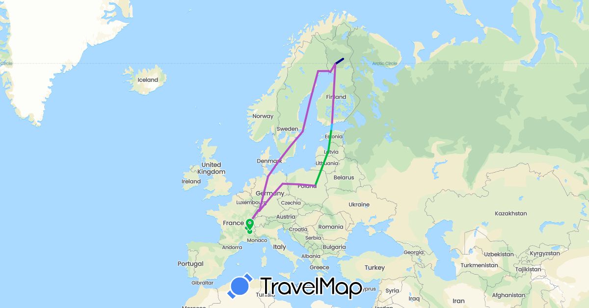 TravelMap itinerary: driving, bus, train, boat in Germany, Denmark, Estonia, Finland, France, Latvia, Poland, Sweden (Europe)
